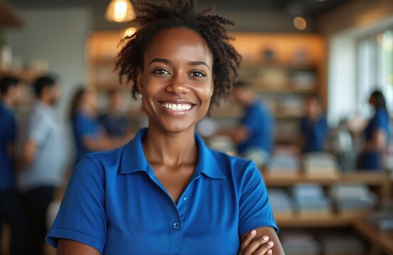 Happy African American retail clerk poses in commerce smiling at camera. Successful businesswoman stands indoor. Small business owner in blue uniform, sales success. Selling to clients supermarket