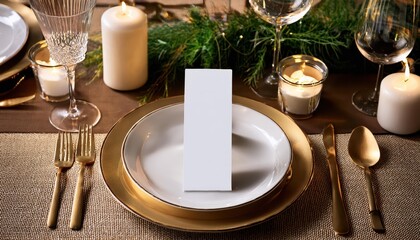 Elegant Table Setting with Blank Menu Card for Wedding or Special Event A Timeless Scene of Fine Tableware Against a Minimalist Backdrop, Emphasizing Class and Sophistication