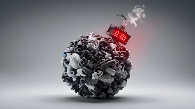 Abstract sculpture resembling a ticking bomb made of various materials, with a digital timer showing zero