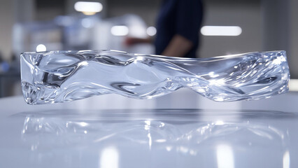The item appears to be a clear, sculpted glass bowl, possibly the Little Ice block Bowl. It is rectangular with a twisted, textured design, and its surface reflects the light, creating a shimmering 