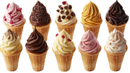 Assorted delicious ice cream cones with various toppings.