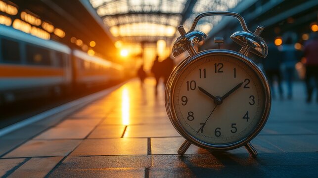 Global train travel concept. Vintage alarm clock on a platform with a blurred train in the background at sunset