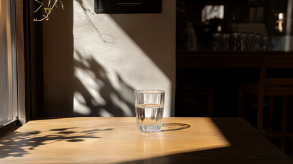 a glass of water sitting on a wooden table, partially illuminated by sunlight. The background is slightly blurred, with a mix of light and dark areas, suggesting an indoor setting, possibly a cafe 