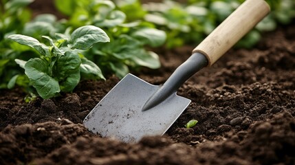 Gardening tool in soil next to plants.