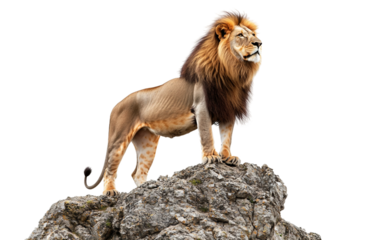 A Majestic Lion Standing Proudly on a Rocky Outcrop Overlooking the Wild Isolated on transparent background PNG