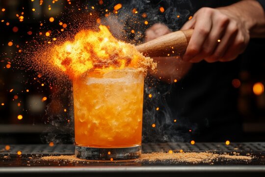 Bartending Techniques for Cocktails: A Hand with a Burning Cinnamon Stick Above a Cocktail Glass in a Bar