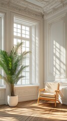 Fototapeta premium A sketchbook and pencil resting on a bright windowsill, alongside a modern pot with fresh green palm leaves