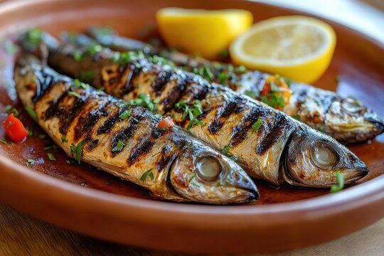 Sardinhas assadas grilled to perfection, served with fresh herbs and lemon slices