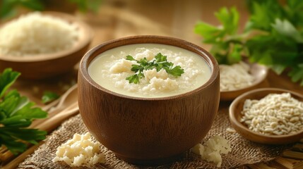 A bowl of rich and creamy rice pudding with milk set on a table ready for enjoyment and perfect for text placement