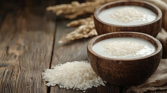 Two rustic wooden bowls brimming with rice perfectly positioned against a clean background for textual content inclusion
