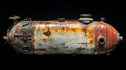 Rusty vintage fuel tank, studio shot, against black background