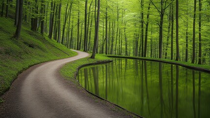Fototapeta premium Winding path reflecting in tranquil forest pond