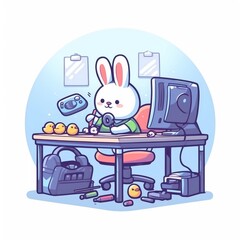 Cute Bunny Works at Desk