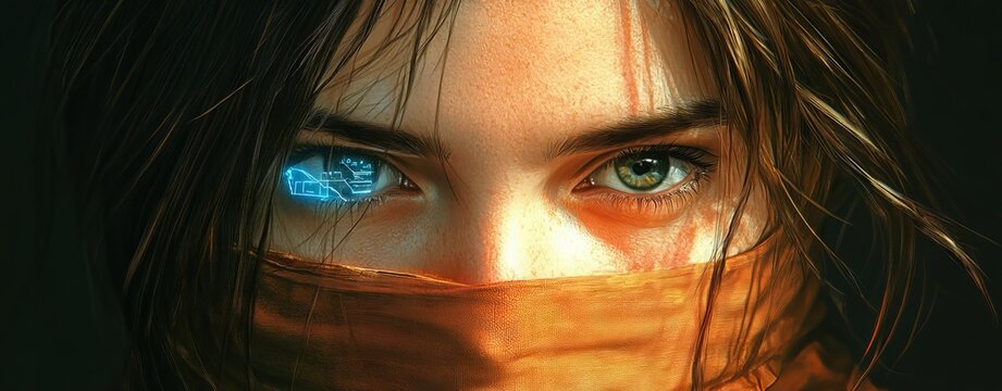 Cocktail bartending techniques. Cybersecurity in AI healthcare. A model in a dark setting wearing a futuristic face mask with glowing digital patterns