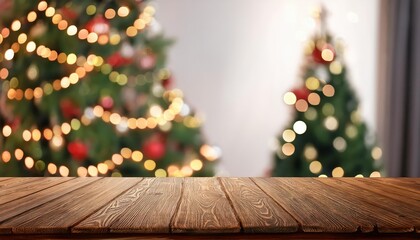 Enchanting Winter Ambiance A Timeless Christmas Scene, Featuring an Empty Table Backdrop Against a Subtly Blurred Christmas Tree, Perfect for Product Showcasing and Festive Design Inspiration.