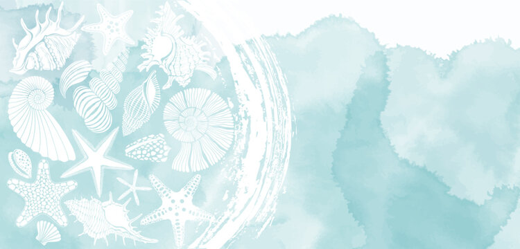 Sea. Pre-made design with shells, starfish, nautilus, sea creatures, watercolor splash . Vector layout decorative greeting card or invitation design background. 