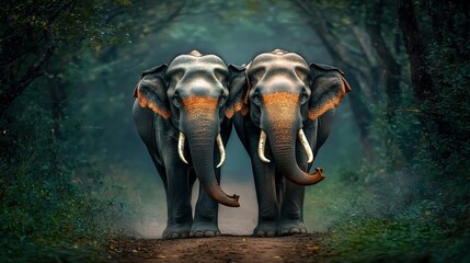   Two elephants stand on a dirt road amidst a lush forest of green trees