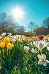Vibrant springtime garden filled with blooming crocuses and tulips under a bright blue sky, with warm sunlight illuminating the colorful flowers and lush greenery