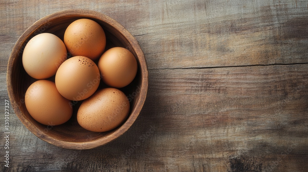 Poster freshly harvested eggs arranged in a wooden bowl on a rustic tabletop with natural light generative 