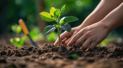 Hands gently planting a young tree in rich soil, symbolizing growth, sustainability, and environmental care in a lush green outdoor setting