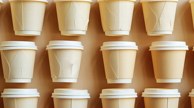 Recyclable paper coffee cups in bulk, highlighting a waste reduction concept