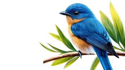 Fototapeta premium A female bluebird perched gracefully on a thin branch surrounded by lush green foliage under a clear blue sky