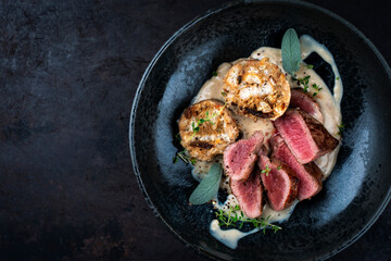 Roasted fillet of saddle of venison with bread dumplings, mushrooms and bean sticks served with...