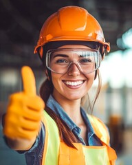 female worker, safety engineer, making a thumbs up sign with the hand, looking straight ahead, using safety PPE.