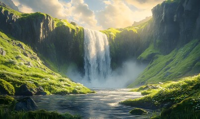 Fototapeta premium Majestic Waterfall Cascading Through Lush Green Mountains at Sunrise