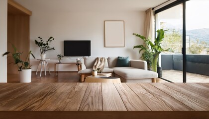 Modern Contemporary Living Room Mockup on a Rustic Wooden Table, Illuminated by Soft Ambient Light in a Chic Space, Emphasizing Minimalist Design with Elegant Textures and Neutral Colors.