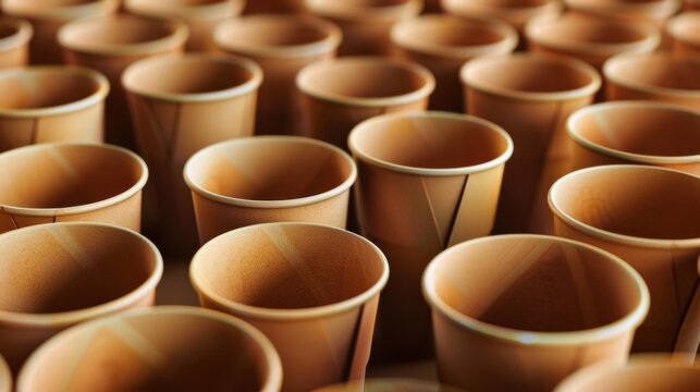 Recyclable paper coffee cups in bulk, highlighting a waste reduction concept