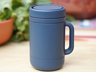 Obraz premium A blue colored tumbler with a handle rests on a table