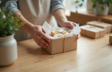 Sustainable Soap отправка: Woman Entrepreneur Carefully Packaging Handmade Soap in Kraft Paper Box for Eco-Friendly Delivery | Small Business, Home Business.