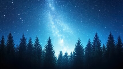 Fototapeta premium A tranquil night scene featuring silhouettes of pine trees against a starry sky, ideal for themes of nature, tranquility, or adventure, Great for use in travel blogs, nature guides