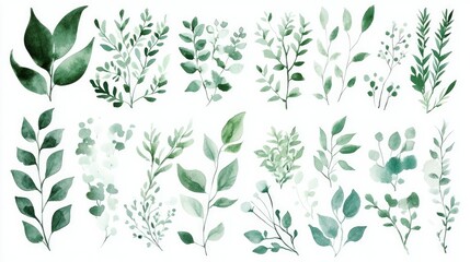 Artistic watercolor set of green foliage and floral designs in a soft, airy style for creative projects