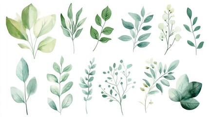 Artistic watercolor set of green foliage and floral designs in a soft, airy style for creative projects