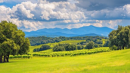 Fototapeta premium Sunny vineyard landscape with mountains in background