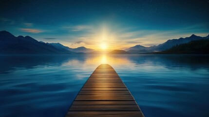 Obraz premium A serene wooden dock extends into a calm lake at sunrise, surrounded by majestic mountains under a starry sky, This captivating image is ideal for relaxation, nature-themed projects, and inspiration,