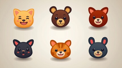 Fototapeta premium Cute cartoon animal faces, various expressions, digital graphic design, light background