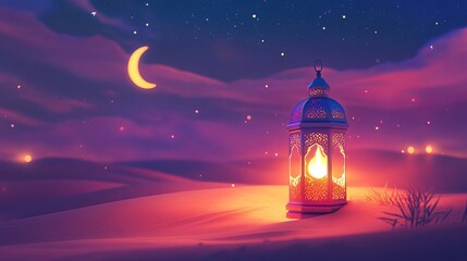 A vibrant Ramadan lantern shines against the desert sands, celebrating the Muslim holiday of Eid Mubarak. The crescent moon and stars adorn the card, sending warm greetings for a joyful occasion.