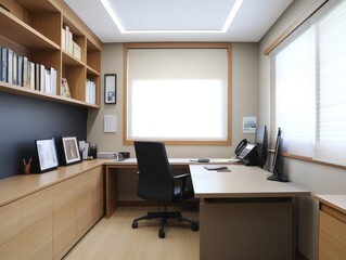 Modern office interior featuring desk chair shelves and windows