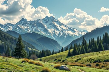 Fototapeta premium mountains with snow capped peaks and a grassy field with trees