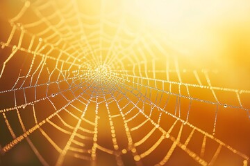Golden dewdrops on a spider web in morning sunlight – macro photography