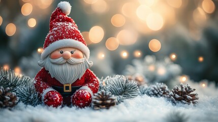 Obraz premium Decorative Christmas elf or gnome with fairy lights and fir tree.