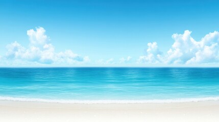 Fototapeta premium A serene beach scene featuring soft waves lapping against a sandy shore, under a clear blue sky adorned with fluffy clouds, Ideal for travel brochures, wellness blogs, or relaxation-themed projects,