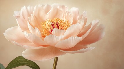 Fototapeta premium High-resolution floral shot of a stunning peach peony with delicate textures on a beige background