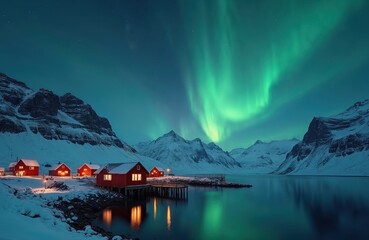 Winter landscape with aurora borealis over Lofoten Islands, Norway at night. Green northern lights above mountains and red houses in the evening, reflecting in water. Polar night scene. © Vadym