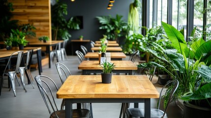 Obraz premium Sunlit loft cafe with wooden floors, rustic tables, and natural light streaming through large windows