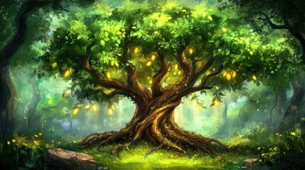 Fototapeta premium Enchanting Forest Tree with Luminescent Fruit