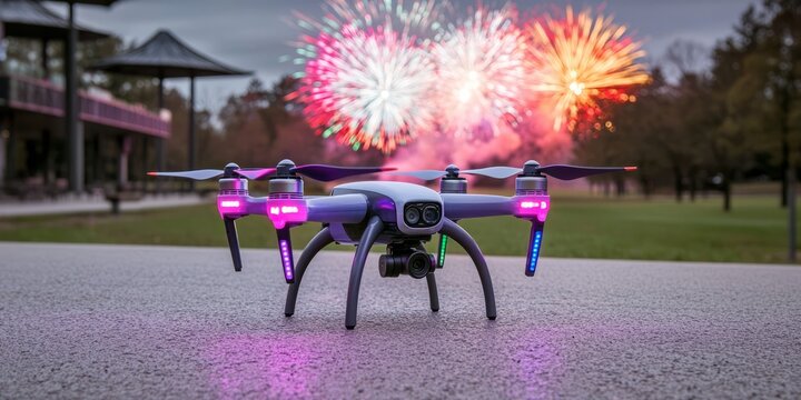Drone at night park with fireworks